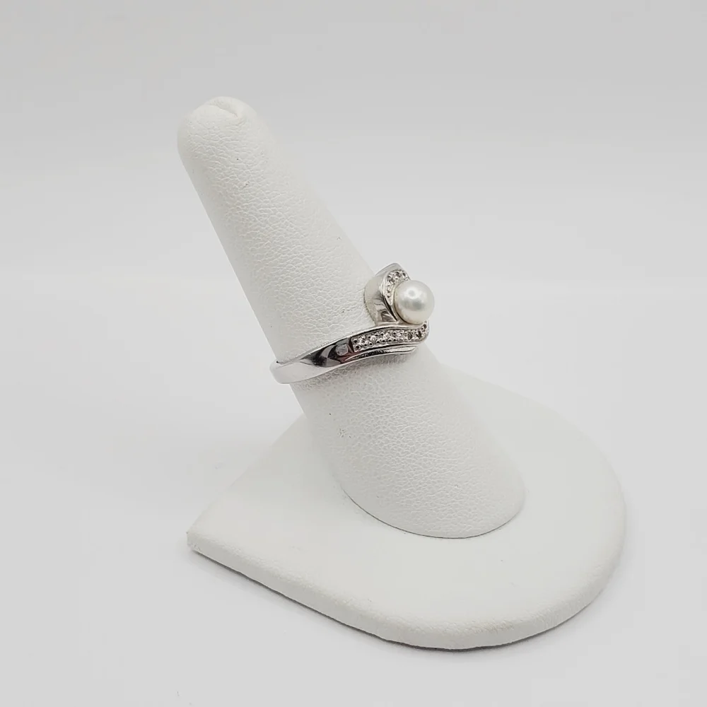 Cultured White Pearl & Diamond Simulants 925 Sterling Silver Bypass Ring